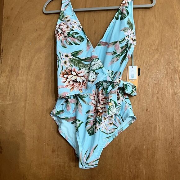 Kona Sol Wrap-Front High Coverage One Piece Swimsuit Tropical Print Small NWT - Picture 4 of 8